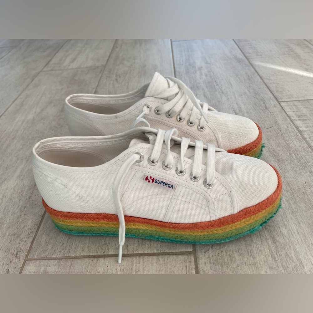 Superga 2790 White and Rainbow Platform Sneakers Women's 8 US or 39EU